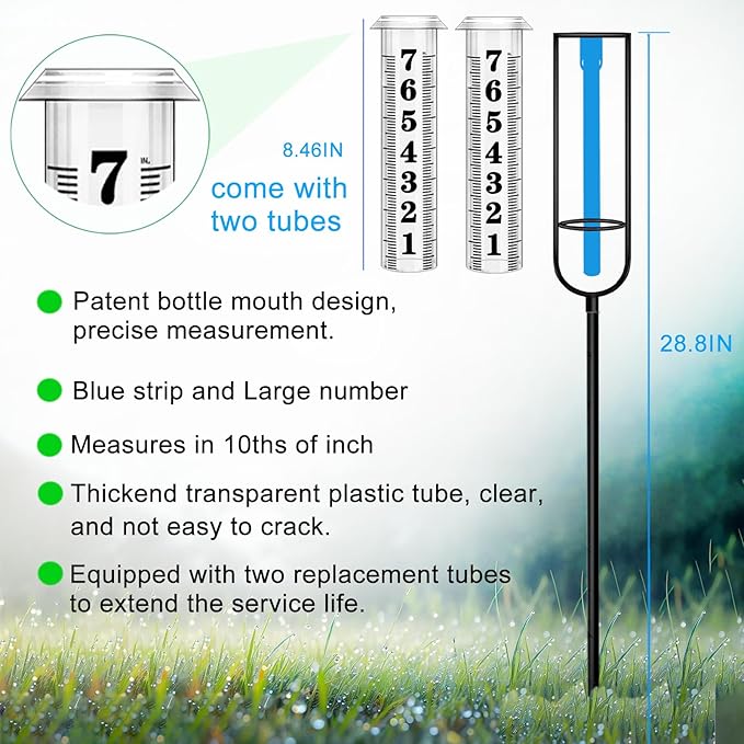 Rain Gauge Outdoor, Freeze Proof Rain Gauges Outdoors Best Rated, 7" Capacity Large Clear Font and Scale Rain Guage with Long Stake for Yard Garden, Rain Water Meter with Two Plastic Replacement Tube