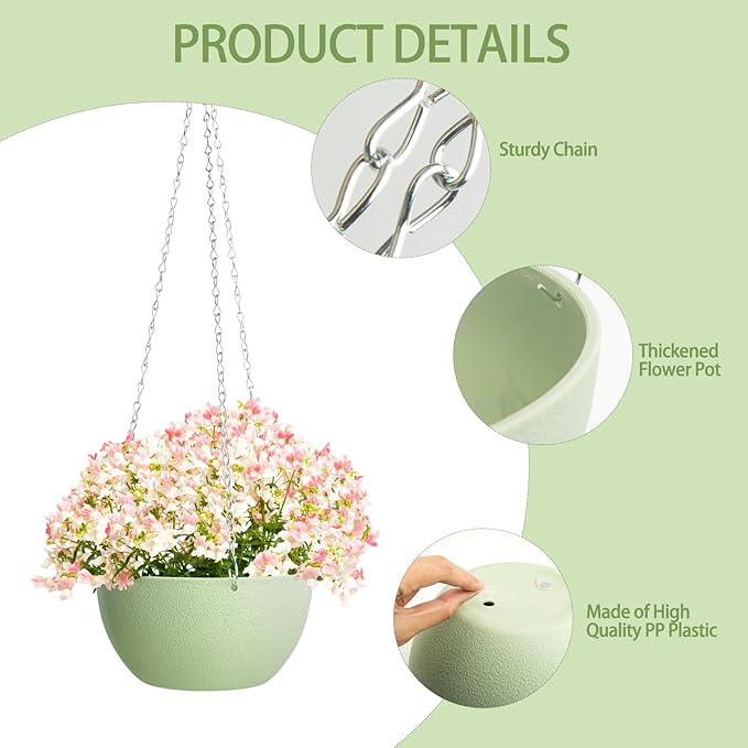 XXXFLOWER Hanging Planters 2 Pack Hanging Baskets Plastic Flower Pot with Drainage Hole & Chain & Hook,Hanging Flower Baskets for Indoor and Outdoor Plants,Home Wall Boho Decor（Green）