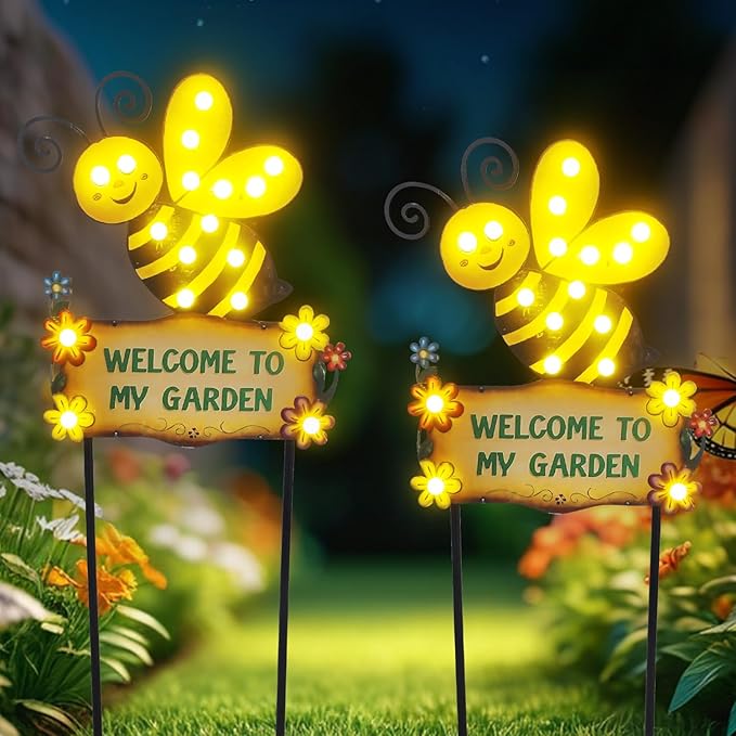 Large Yard Stakes 44.8" with Welcome to My Garden Sign, Solar Garden Lights Outdoor for Summer Decorations, Waterproof Metal Bee Decorative Yard Stakes