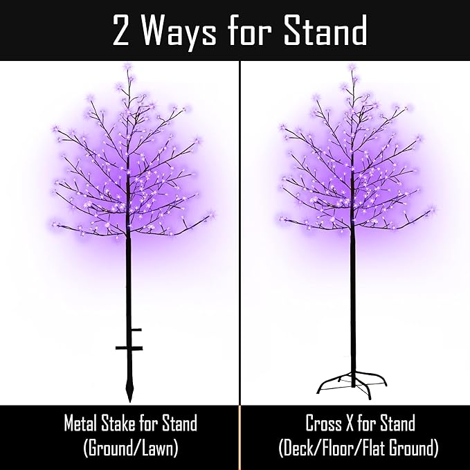 LED Solar Lighted Cherry Blossom Tree,6Ft Light up Cherry Tree Outdoor with 200 Crystal Flower Detachable for Pathway Porch Yard Patio Garden Decor Holiday Decorations Christmas Easter Purple Glow