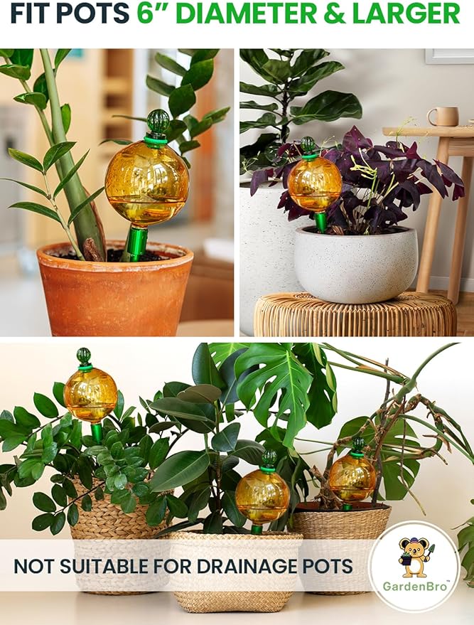 16 Oz Plant Watering Globes for Indoor Plants with Metal Self Watering Planter Insert - Premium XL Glass Hand-Blown Globe - Automatic Plant Waterer Indoor, Gift Idea for Gardeners [1 Globe, Golden]