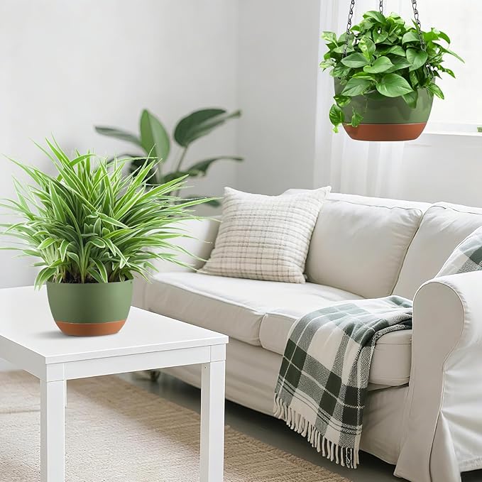 Set of 2 8 Inch Self Watering Hanging Planters for Indoor Outdoor Plants, Color Blocking Hanging Baskets Flower Pots with Drainage Hole & Removable Water-Storage Tray