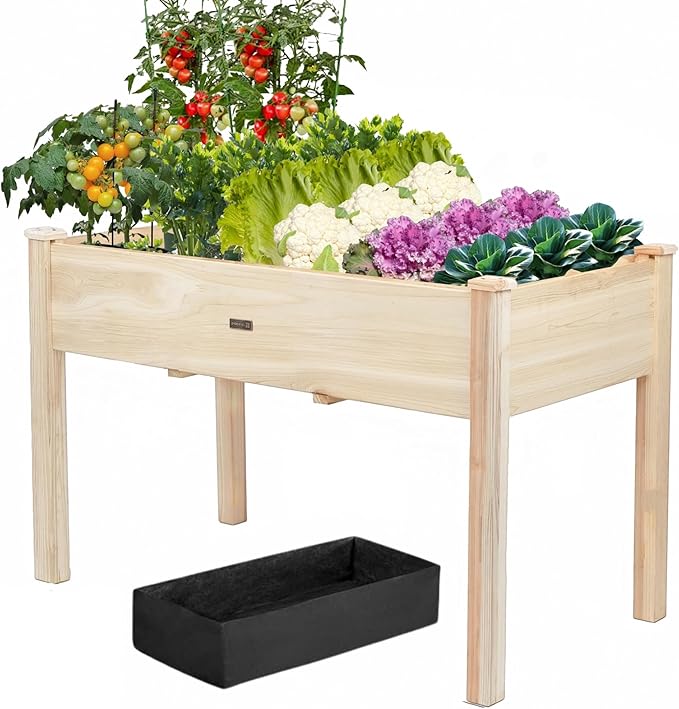 48x24x30in Raised Garden Bed,Wooden Raised Garden Beds Outdoor,Elevated Reinforced Planter Box with Legs for Backyard/Patio/Gardener with Bed Liner,210lb Capacity - Natural