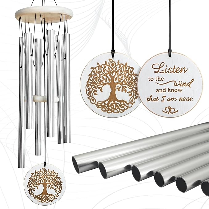 Wind Chimes Outdoors,33" WindChimes for Loss of Loved One,Memorial/Sympathy Gifts for Mother/Unisex/Father,Tree of Life Wind Chimes for Outside Zen Garden Home Yard Decoration (Silver)