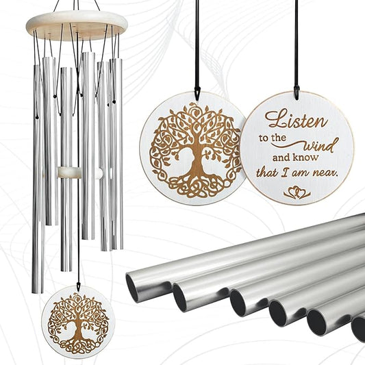 Wind Chimes Outdoors,33" WindChimes for Loss of Loved One,Memorial/Sympathy Gifts for Mother/Unisex/Father,Tree of Life Wind Chimes for Outside Zen Garden Home Yard Decoration (Silver)