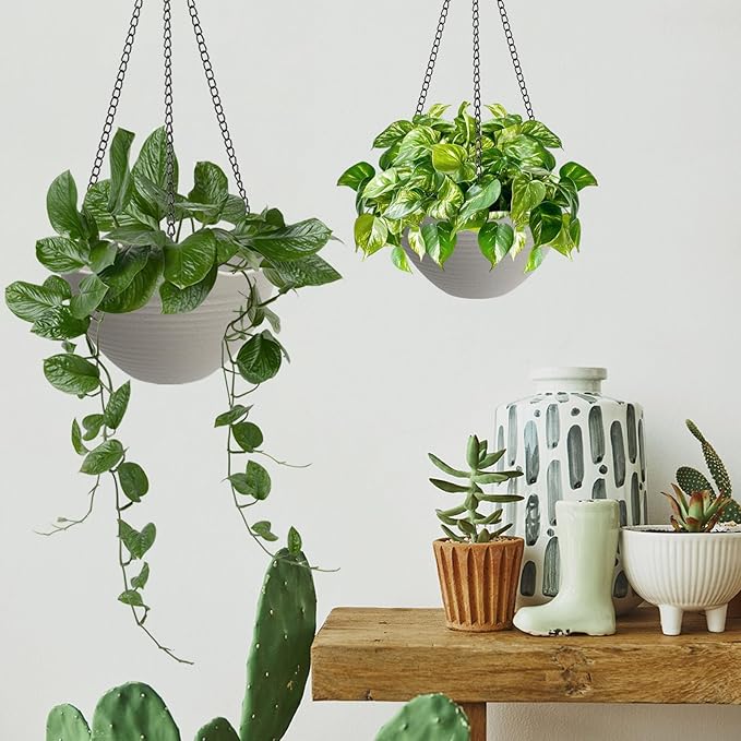 Hanging Planters for Indoor Plants 3 Pack - 7/8/10 Inch Plastic Hanging Pots with Water Sieve Mesh, Small Hanging Pots for Home Garden, Porch, Balcony & Patio Decor, Grey White