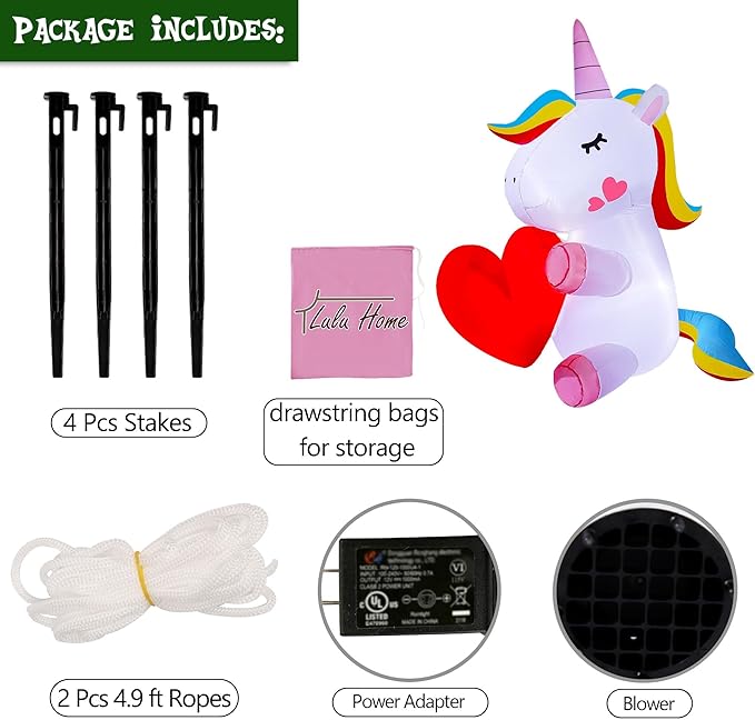 Lulu Home Lighted Yard Decorations, 5 FT Large Inflatable Light Up Unicorn Holding A Red Heart, Valentines' Day Blow Up Adorable Rainbow Colorful Unicorn Outdoor Indoor Party Display Decor
