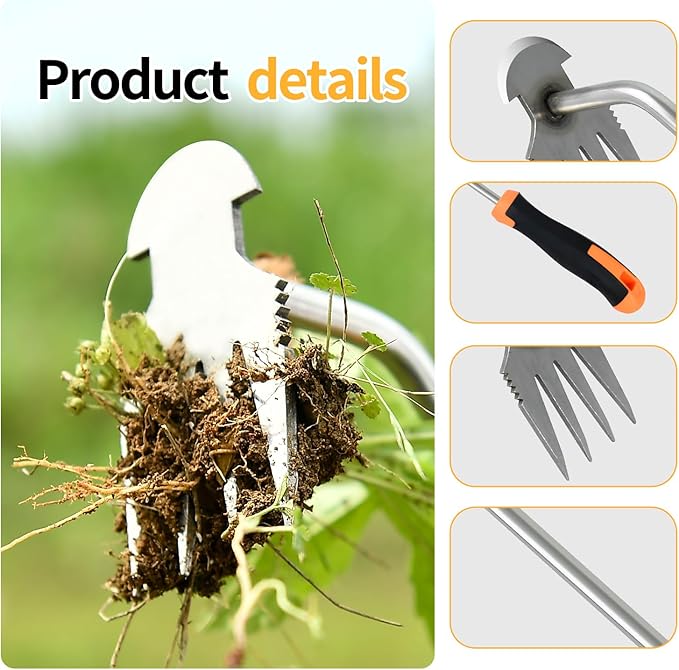 Weed Puller Tool，2025 New Garden Weeder Tool Stainless Steel Hand Weeder Tool,4 Teethes Dual Purpose Weed Remover Tool Weeding Tools for Gardening (Rubber Handle)