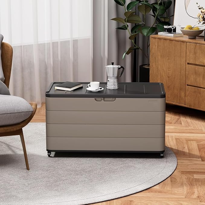 100GAL Square Storage Box (With Wheels) Grey，Wheeled Footlocker，Waterproof Resin Storage Bin for Patio Cushions