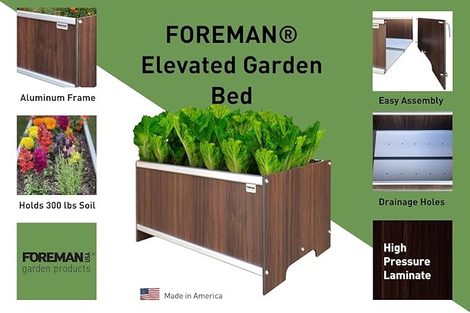 Foreman Raised Garden Bed 10 Year Warranty 36”Lx24”Wx14”H Premium Plastic Wood Grain Aluminum Frame Elevated Planter Box for Backyard Patio Balcony, Tosca