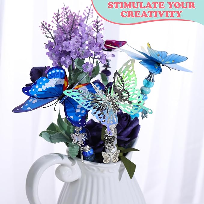 380Pcs Beaded Garden Stake, DIY Fairy Wand Beaded Decorative Butterfly Garden Stake Kit with 12IN Threaded Rod Crystal Stopper Top Large Holes Beads Butterfly Decoration Pendants Outdoor