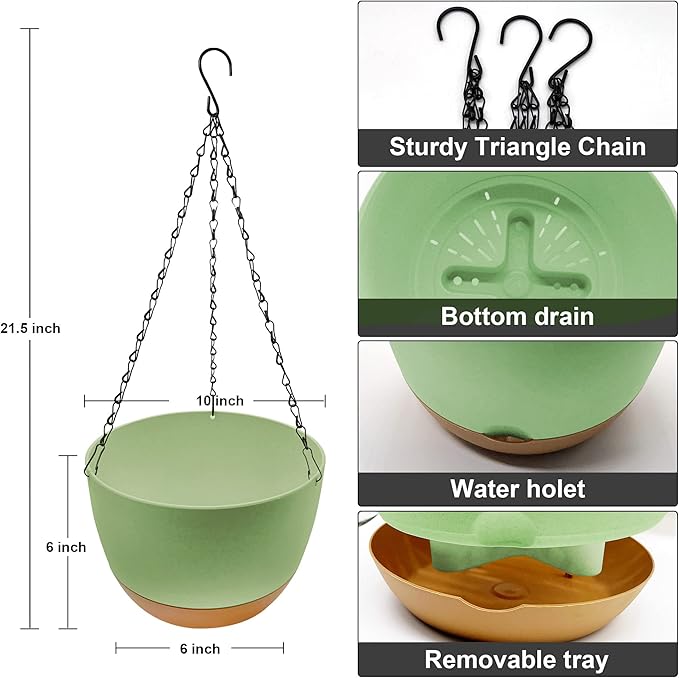 2 Pack Hanging Planters for Outdoor Plants,10 Inch Hanging Pots for Plants Indoor,Plastic Hanging Plant Pots for Outside with Drainage Hole and Removable Saucer for Garden Home