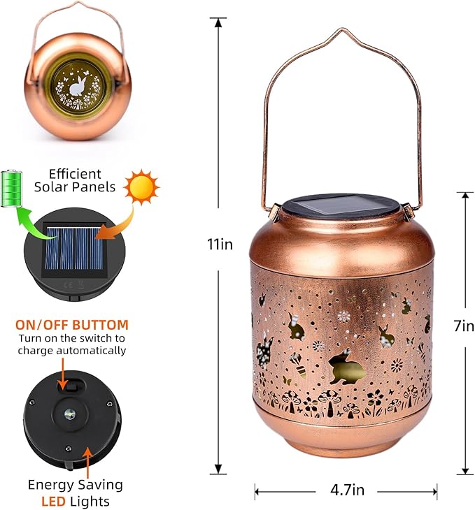 Rabbit Solar Lanterns Outdoor Waterproof,Garden Decor Solar Lights Bunny Gifts for Women Mom Grandma,Metal Outside Decoration Hanging Lantern for Yard,Porch,Patio,Landscape,Backyard,Lawn