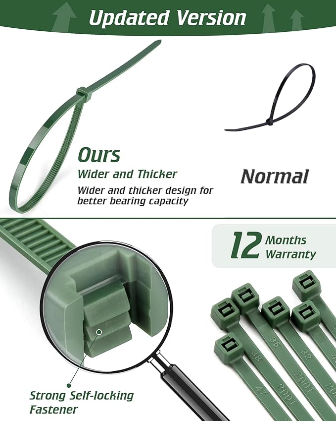PA66 Green Zip Ties, 300pcs 12+10+8+4 Inch Heavy Duty Cable Zip Ties, Premium Self-locking Nylon Cable Plastic Ties Decoration Tie Wraps for Christmas Tree Gardening Plants Fence Grid Wall, Green