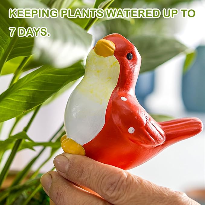 FirstGift 4 Pack Plant Self-Watering Stakes Terracotta Automatic Plant Waterer Devices Watering Globes Self-Watering Clay Planters Devices Perfect for Vacation Garden Plant Care （Blue/Red Bird）