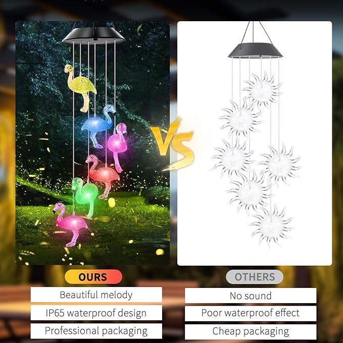Solar Flamingo Wind Chimes,IP65 Waterproof Flamingo Lights with Color Changing LED Solar Wind Chimes, Light LED Black Cover Gift for Christmas Garden Decor Porch Decoration