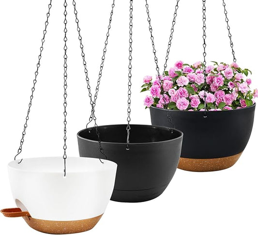 10 inch Hanging Planters for Indoor Plants, 3 Pack Self-Watering Hanging Planter Pots with Chain and Drainage Holes, Outdoor Plastic Hanging Baskets for Garden Home Decor