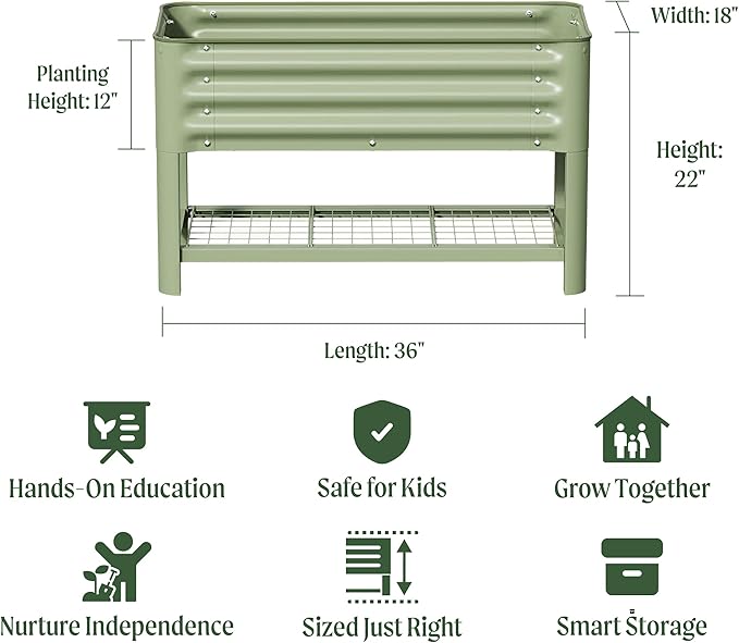 Elevated Raised Garden Bed for Kids, 16"(W) x 36" (L) x 22"(H) Outdoor Planters Box with Legs & Storage Rack, Solid & Safe Raised Beds for Gardening Herbs Vegetables Flowers, Pearl White