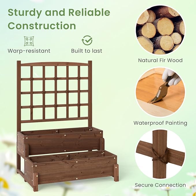 Byroce Outdoor Raised Garden Bed, Garden Planter Box with Lattice Trellis, Legs & Drainage Hole, 2-Tier Standing Elevated Planter for Flower, Fruit, Vegetable & Climbing Plants in Patio, Balcony (1)