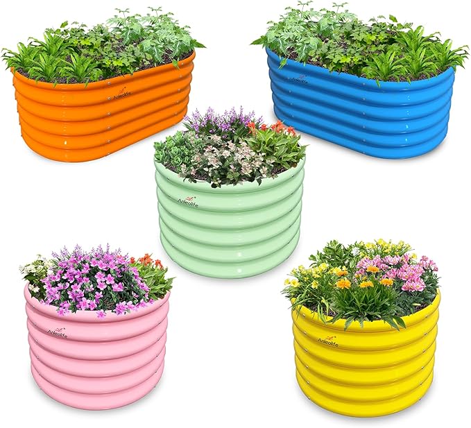 A ANLEOLIFE 5-Pack 18in Tall Kids Mini Raised Garden Beds Outdoor, 40x24in Oval & 24x24in Round Galvanized Metal Planter Box for Planting Vegetables, Flowers, Fruits, Eco-Safe & Easy Setup