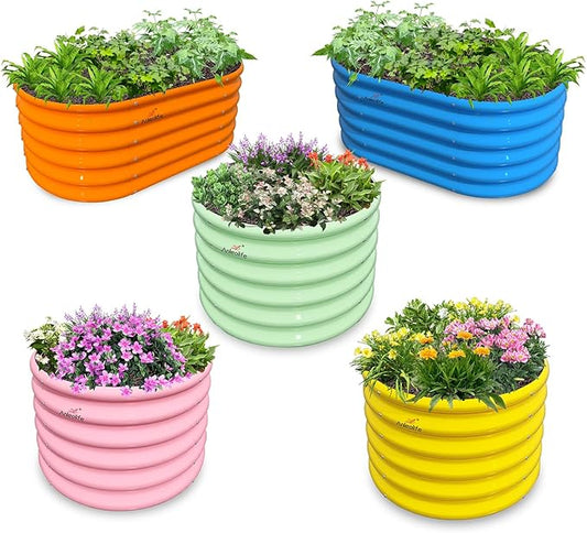 A ANLEOLIFE 5-Pack 18in Tall Kids Mini Raised Garden Beds Outdoor, 40x24in Oval & 24x24in Round Galvanized Metal Planter Box for Planting Vegetables, Flowers, Fruits, Eco-Safe & Easy Setup