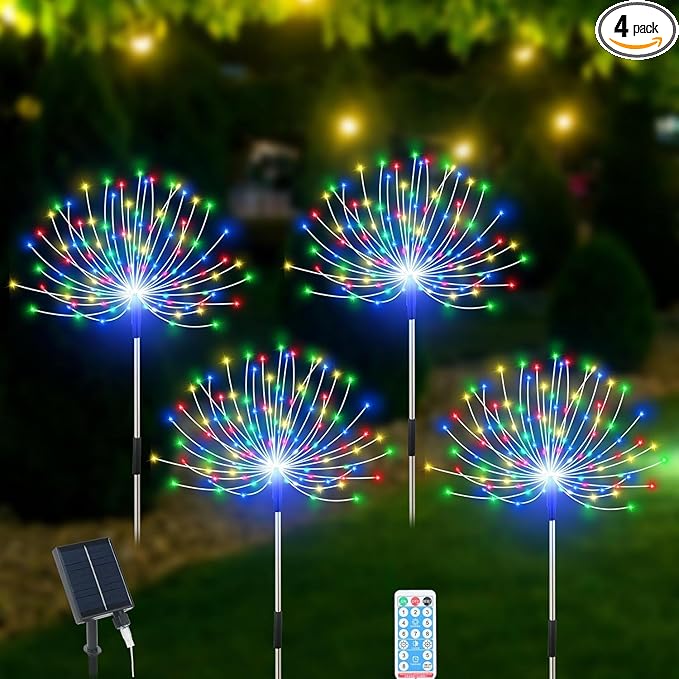 Solar Garden Lights Outdoor Waterproof, 4 Pack Total 480 LED Solar Starburst Sparkler Lights Decorative with 8 Lighting Modes Outside for Flowerbed Pathway Party Christmas Decoration, Multicolor