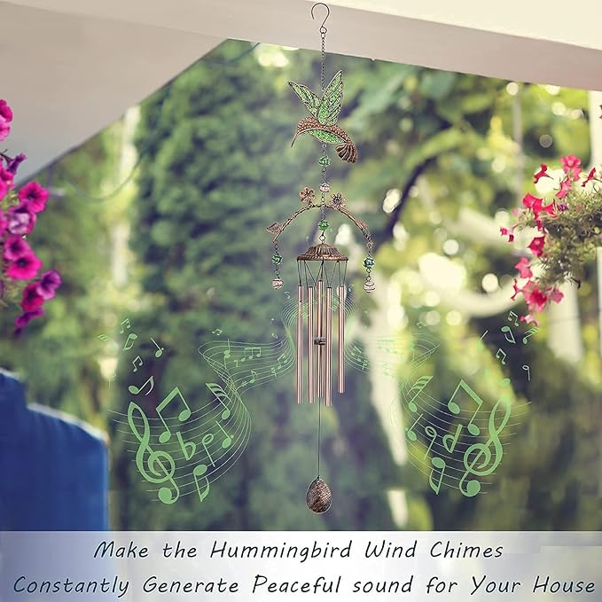 Wind Chimes - Green Hummingbird Wind Chimes for Outside Deep Tone 34 inches 5 Aluminum Tubes, Thanksgiving, Christmas, Birthday Gifts for Mom, Grandma, Decorations for Home, Garden, Patio, Backyard