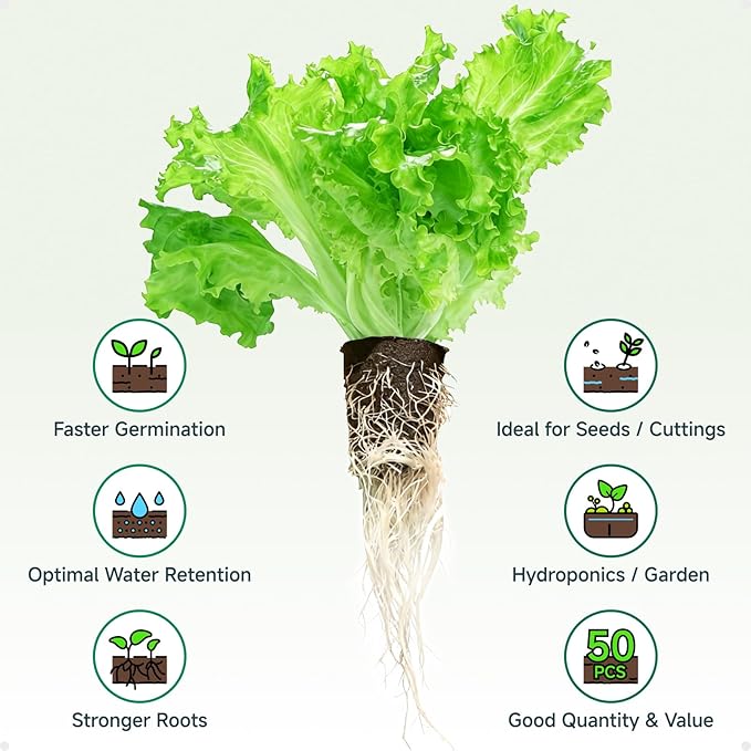 Hydroponic Growing Sponges 50 Pack, Universal Fit Sponges & Seed Pods for Starting Seeds, Indoor Outdoor Garden for Seed Germination & Plant Cloning, Stronger Roots