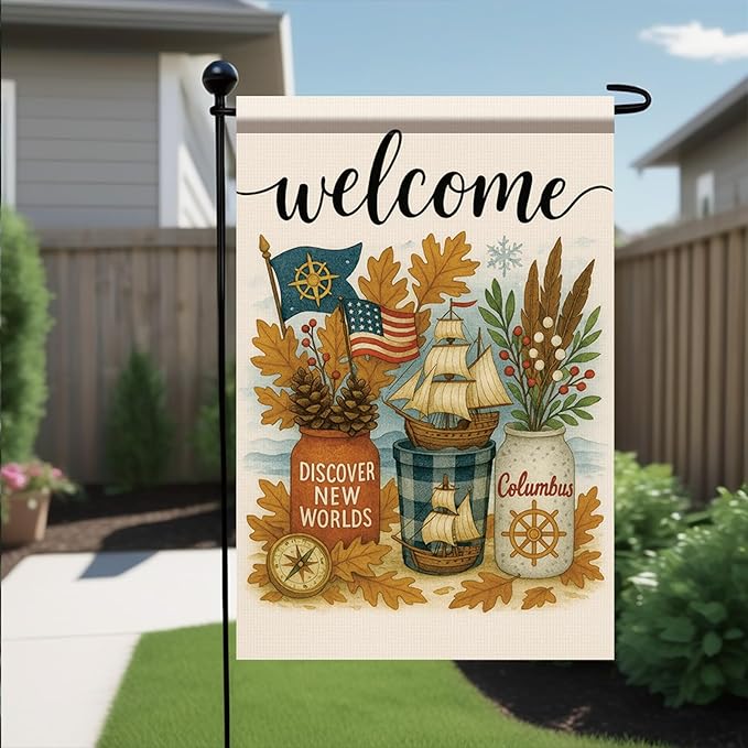 12x18 Inch Columbus Day Garden Flag Welcome Double Sided Yard Banner Discover New Worlds Autumn Ship Outdoor Decor for Porch Lawn Pathway Seasonal Patriotic Nautical Thanksgiving Decor