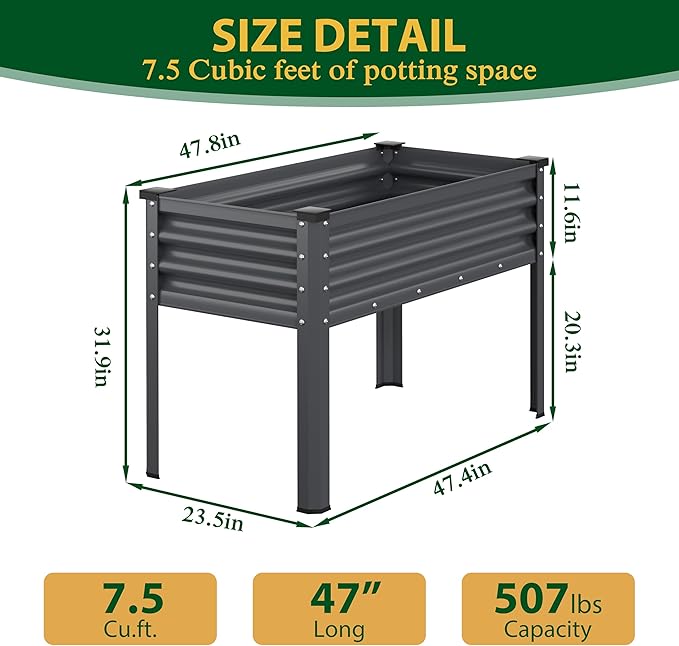 BlueWish 48" W x 24" D x 32" H Raised Garden Bed, Galvanized Garden Bed with Detachable Black Liner, Drainage Gaps, Raised Garden Beds Outdoor 507 lbs Capacity, Gardening, Vegetable, Flower, Grey