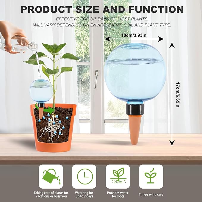 4 Pack Self Watering Globes 17oz Large Plant Watering Globes Top Fill, Self Water Planter Insert Indoor/Outdoor Plastic Water Bulbs Slow Release Terracotta for Plants, Blue