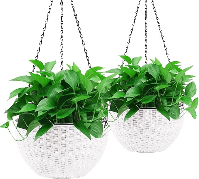 Foraineam 2-Pack Dual-pots Design Hanging Basket Planters Self-Watering Indoor Outdoor Plant & Flower Hanging Pots with Drainer and Chain, 2 Size Assorted (White)