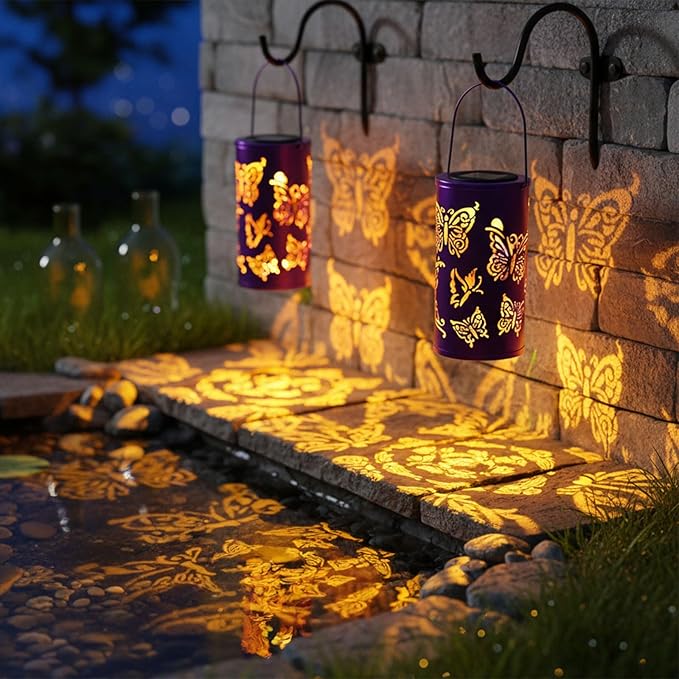12.8" Large Size 2-Pack Outdoor Solar Lanterns Waterproof Metal Butterfly Patterns Garden Decor Gifts for Women Mom Grandma Hanging Solar Lanterns for Outside Yard, Patio, Backyard, Porch