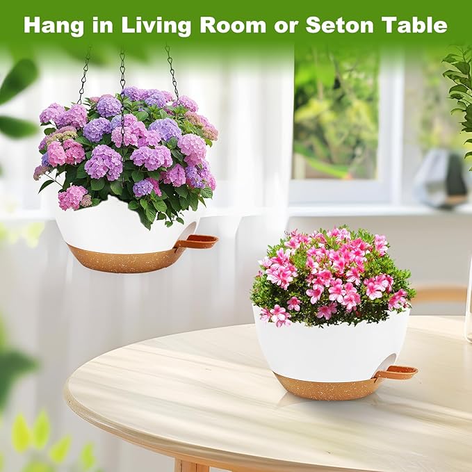 10 inch Hanging Planters for Indoor Plants, 3 Pack Self-Watering Hanging Planter Pots with Chain and Drainage Holes, Outdoor Hanging Baskets for Garden Home Decor (White With Brown, 3pcs/10inch)