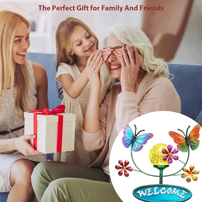 Solar Garden Stakes Metal Welcome Signs for Outside 28.1' - 2 Flying Butterflies with Cracked Glass Ball,Decorative Garden Stakes for Lawn, Patio, Butterfly Gifts for Women