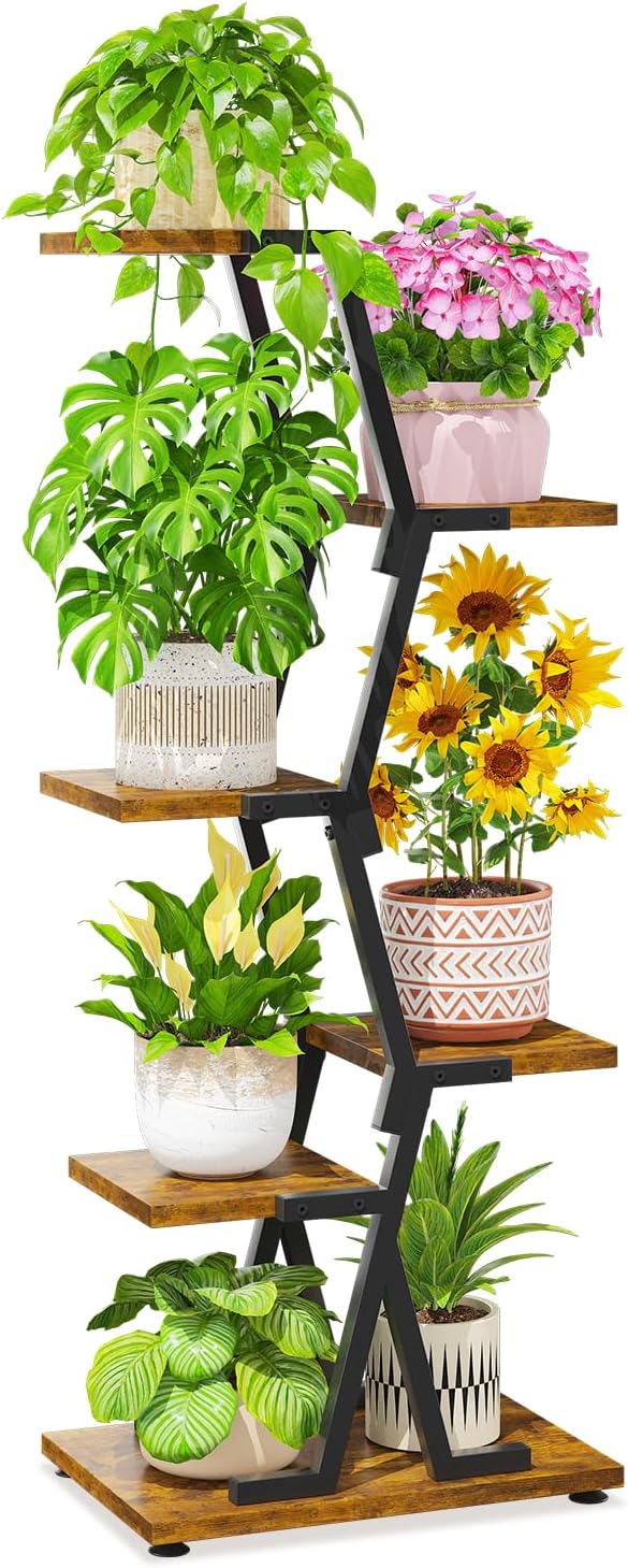 LASZOLA 5 Tier Tall Wood and Metal Plant Stand Indoor for Heavy Duty Planter, Large Multi Level Vertical Flower Shelf for Narrow Corner, Sturdy Rustic Rack Holder for House Patio, Space Saving, Black