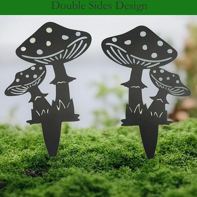 Decorative Mushroom Garden Stakes Black Garden Fairy Tale Mushroom Garden Stakes Metal Silhouette Art, Set of 3 (1, Matte Black)