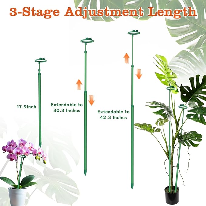 Extendable Plant Stakes,Adjustable Length from 17.9IN to 42.3IN Monstera Support Stakes with Clips,Sturdy Plant Stakes for Indoor Outdoor,Garden Sticks for Tomato,Orchid,Climbing Plants- 5Pack