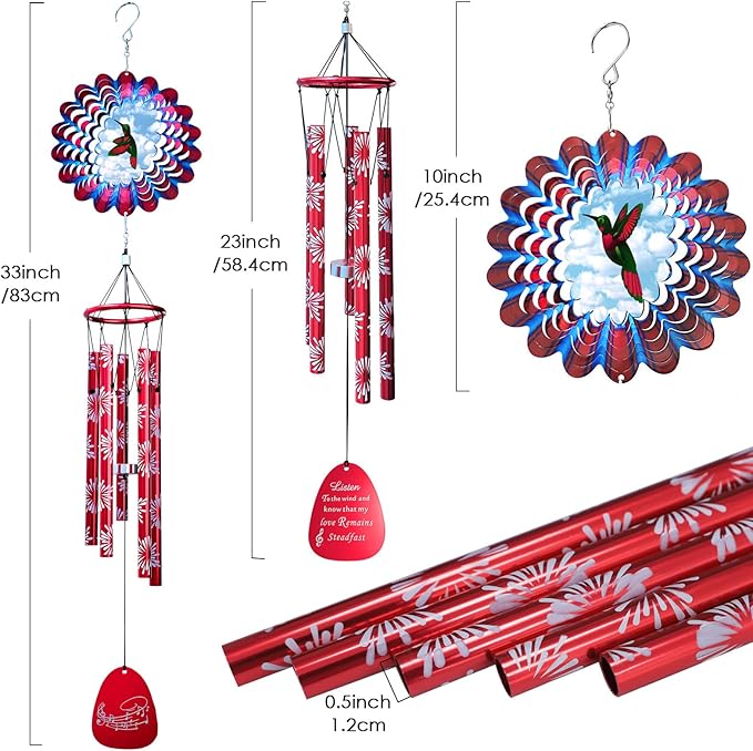 33" Memorial Sympathy Wind Chimes | Deep Tone Hummingbird Windchime with Animated Spinner, Waterproof Outdoor Garden Decor- Gift for Men/Women/Mom/Dad/Housewarming/Christmas