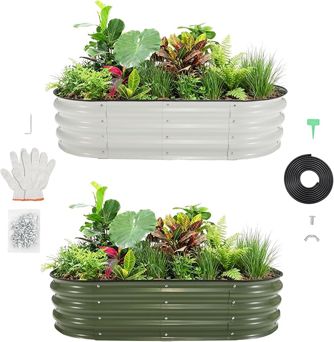 PeakPursuit 6X3x1Ft Galvanized Raised Garden Bed Kit, Metal Raised Garden Bed, Oval Planter Box with Open-Ended Base for Vegetables, Flowers, Herbs & Fruits
