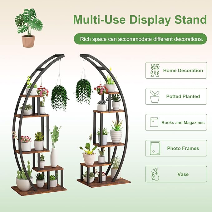 CABIHOME 5-Tier Tall Metal Indoor Plant Stand - Half-Moon Garden Plant Holder w/ 4 Hanging Hooks - Round Flower Shelf Rack for Home, Balcony, Living Room & Garden Decor