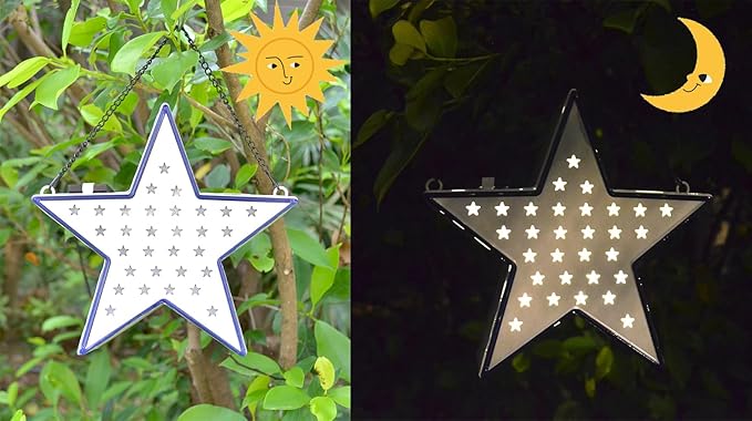 Metal Solar Star Lantern Light Outdoor Garden Decor for Patio,Yard,Tree,Patriotic Memorial Day 4th of July Star Decorations,White