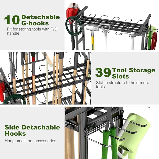 YAGEANNL Garden Tool Organizer with Wheels, Large Capacity Garage Tool Rack with Hooks, for Broom, Shovel, Long Handled Tools, Metal Yard Tool Organizer for Garage, Shed, Outdoor