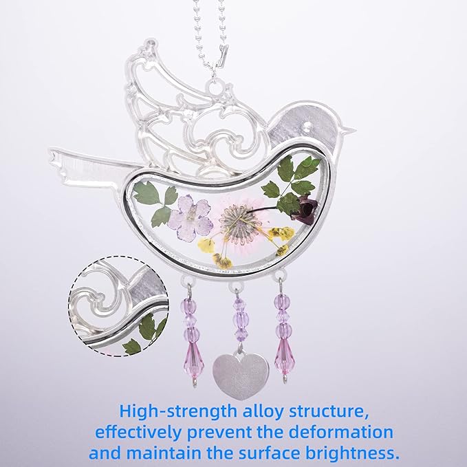 Laraine Bird Suncatcher with Pressed Flower Wings Mather's Day Birdie Glass Wind Chime Ornament Charm with Metal Heart Gifts for Mom Grandma Aunt Birthday (Pink, Mom)