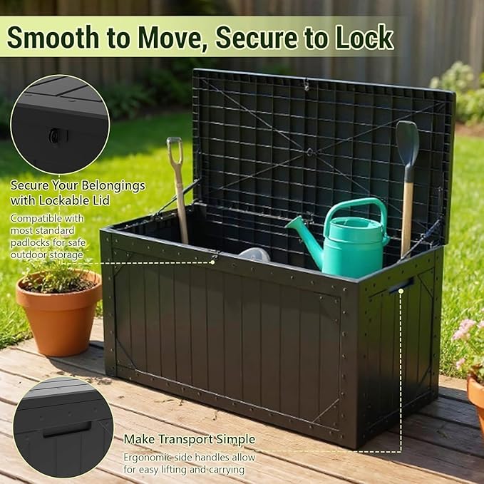 Yardgrace 110 Gallon Resin Deck Box Waterproof Outdoor Storage Box for Patio Furniture Pool Accessories Indoor Storage for Cushion Garden Tools, Black