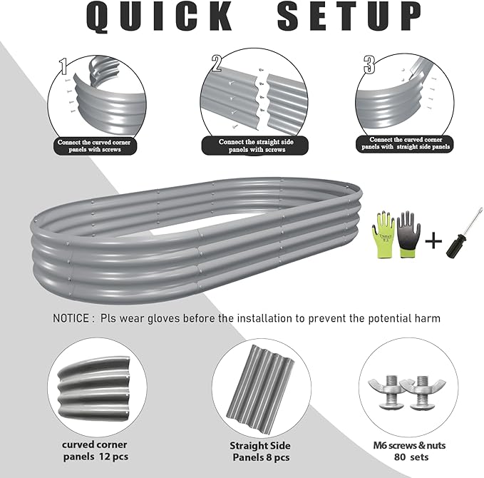 8 Pack 8x4x1FT Galvanized Raised Garden Bed Kit Oval Metal Ground Planter Box Outdoor Bottomless Planter Raised Beds for Vegetables Flowers Herbs Fruits, Gray