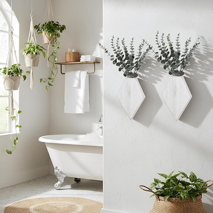 Chunful 2 Pcs Wooden Wall Planter Decor Hanging Faux Plants Greenery Flowers Holder Vase Boxes for Wall Bohemian Farmhouse Room Kitchen Office Indoor Decoration(Retro White,9.8 x 6.6 x 1.2 Inches)