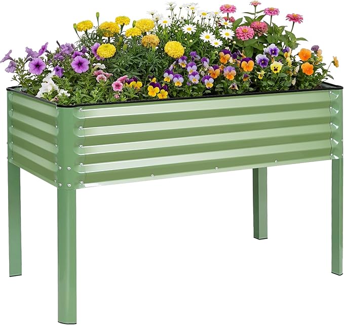 STBoo Elevated Raised Garden Bed with Legs and Wheels- 48''x24''x32'' Galvanized Metal Standing Planter Boxes Outdoor with Bottom Storage Shelf for Backyard, Patio, Balcony, Vegetables, Green