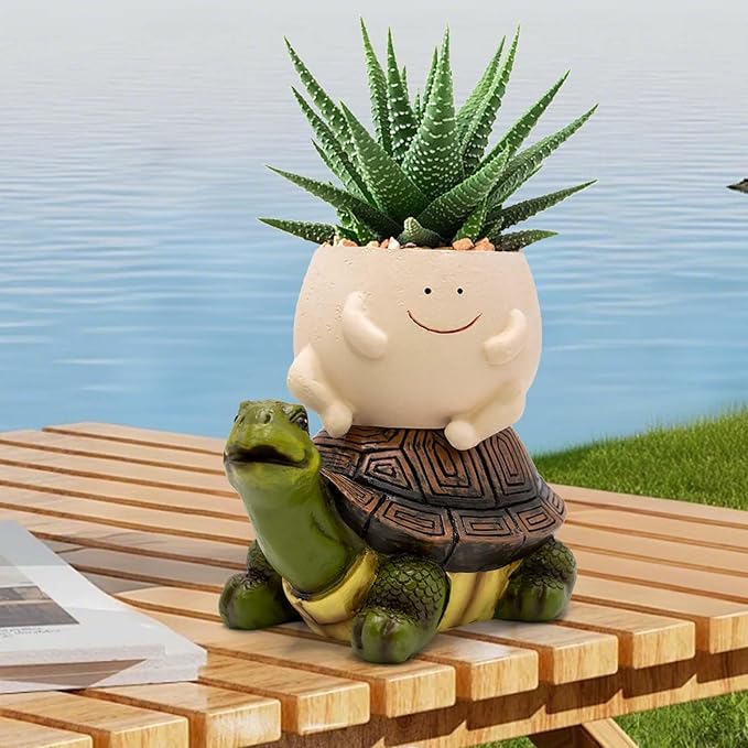 Smily Face Succulent Planter Pot, Funny Turtle Self-Watering Planter Pots, Lawn Decor Tortoise Statue for Patio, Balcony, Yard Ornament with Drainage Hole, Unique Housewarming Gifts