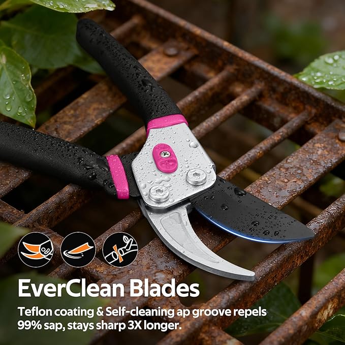 Effortless Pruning Shears: Professional 8.5”Garden Pruner with Jam-Proof Spring & Ever-Sharp SK5 Blade, Ergonomic Bypass Clippers for Rose, Tree Trimming & weak Hand, Heavy Duty Pruning Scissor